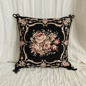 Vintage Black Floral Needlepoint Velvet Back 13x13 Throw Pillow Granny Core.